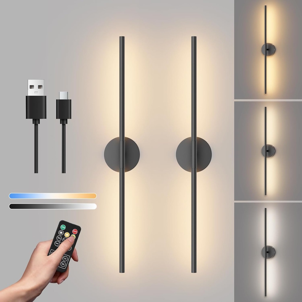 Tipace Battery Operated Wall Sconce with Remote Control,Wall Sconces Set of Two,3000K-6000K LED Wall Light for Bedroom,Hallway,Background Wall,350°Rotate,28 Inch,Black(2 Pack)