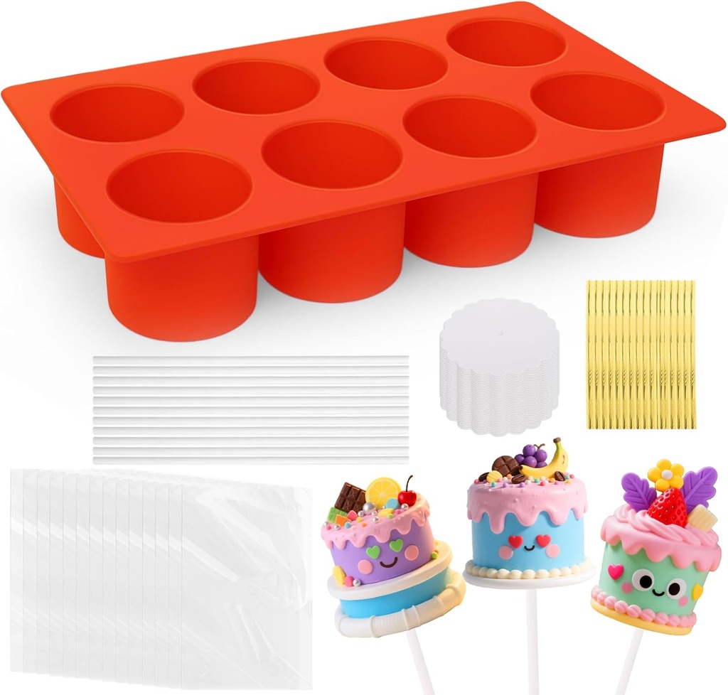 Silicone Cake Pop Molds with 100 Sticks & Parcel Bags, 8 Cavity Reusable Cakesicle Molds for Baking, Lollipops, Ice Cream, DIY Desserts, Cake Pop Maker Kit Easy Release & Dishwasher Safe