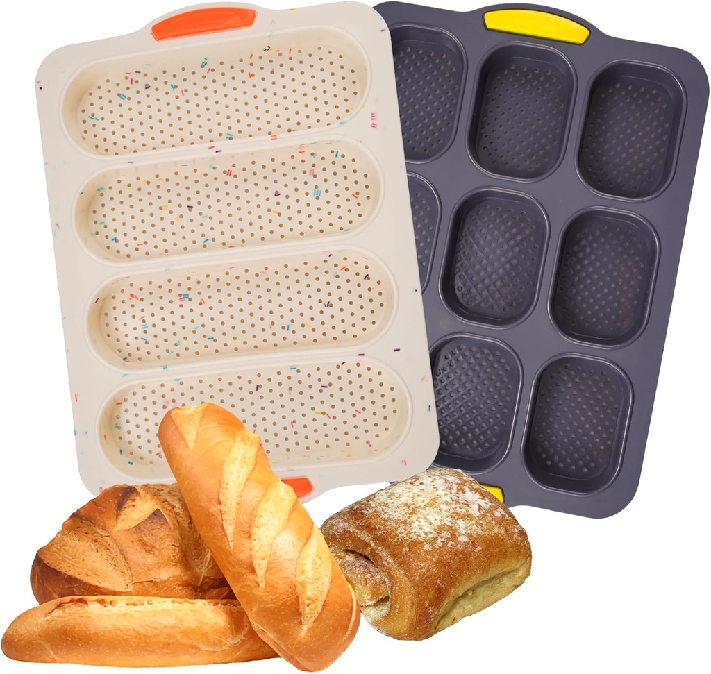 Silicone French Bread Pan - Non-Stick Flexible Tray for Baking, 4-Cavity Beige & 9-Cavity Gray, Oven & Microwave Safe