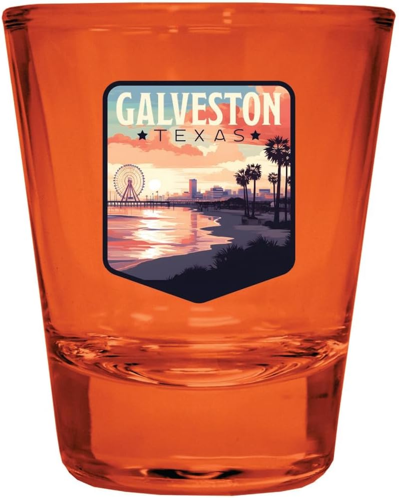 R and R Imports Galveston Texas Pleasure Pier Design Souvenir Full Color 2oz Shot Glass Orange 2-Pack