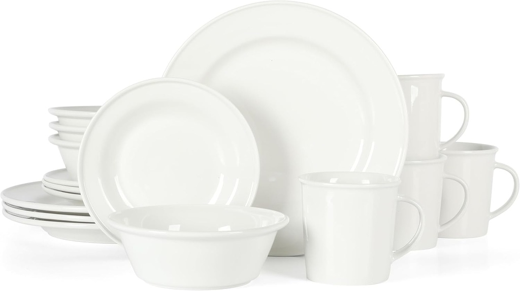 Martha Stewart Cliffield High Fired 16-Piece Porcelain Chip and Scratch Resistant Plates, Bowls, and Mugs Dinnerware Set, Service for 4 - White