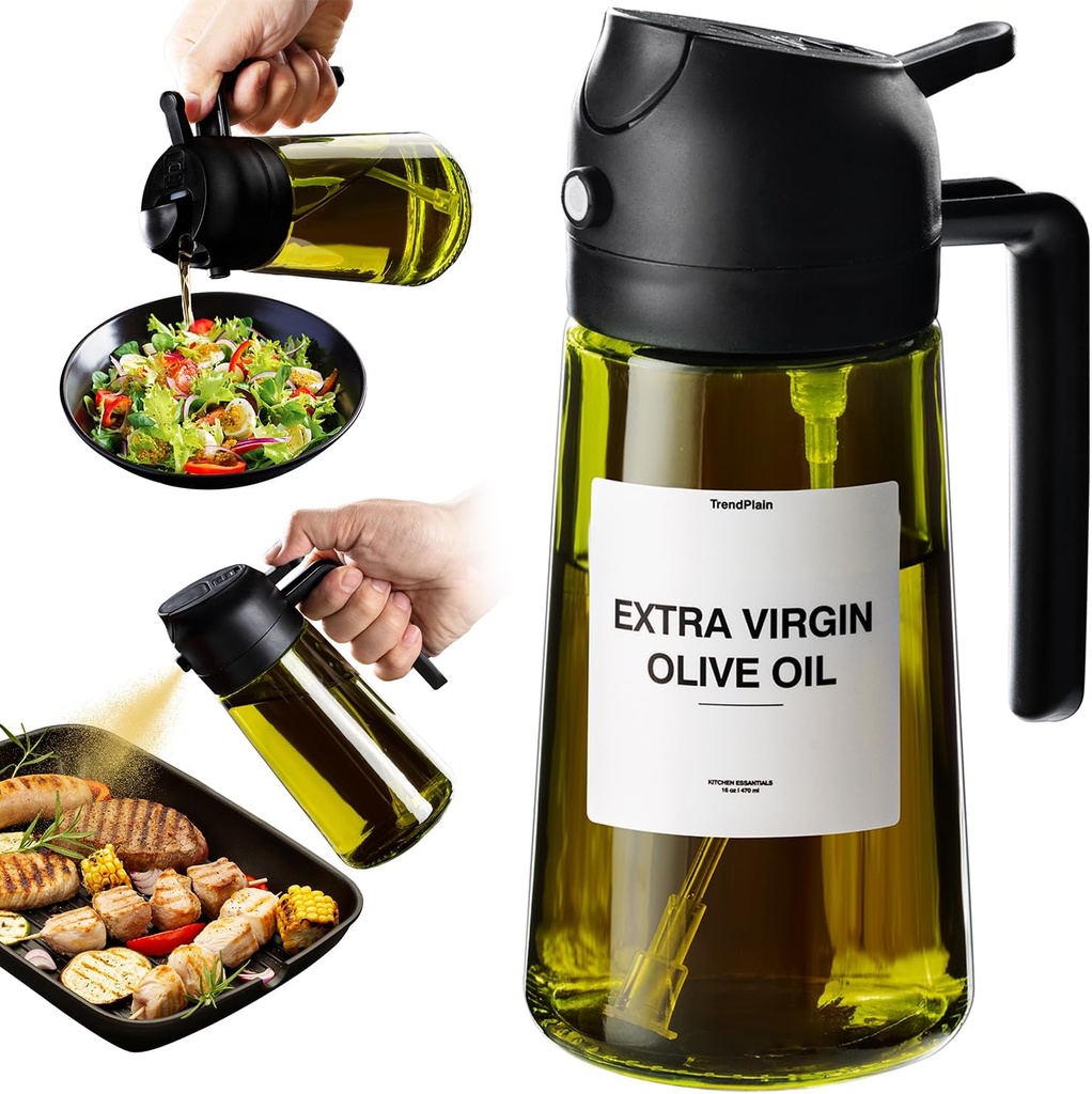 TrendPlain - Original 16oz/470ml Olive Oil Dispenser Bottle for Kitchen Gadgets and Air Fryer Accessories - Olive Oil Sprayer for Cooking w/Stickers - Black