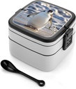 Cute Penguin Bento Box Double-Layer Bento Lunch Container with Spoon And Invisible Handle Adult Leak-Proof Lunchbox for Dining Out Work Picnics Travel