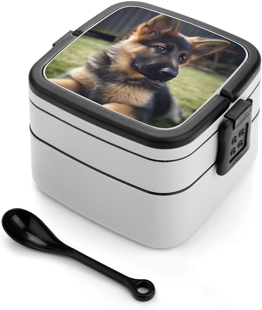 German Shepherd Puppy Bento Box Adult Lunch Box All-in-One Lunch Containers with Removable Compartments Double Layer Bento Lunch Box with Spoon And Handle Stackable Lunchbox