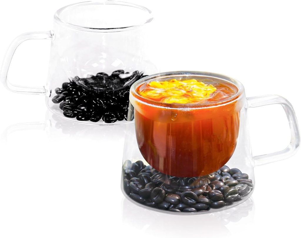 Double Walled Glass Coffee Mugs, Floating Coffee Bean Illusion Cups with Handle, 200ml Borosilicate Glass Mugs Insulated for Hot/Cold Beverages -Espresso, Tea, Latte,Cappuccino, Set of 2