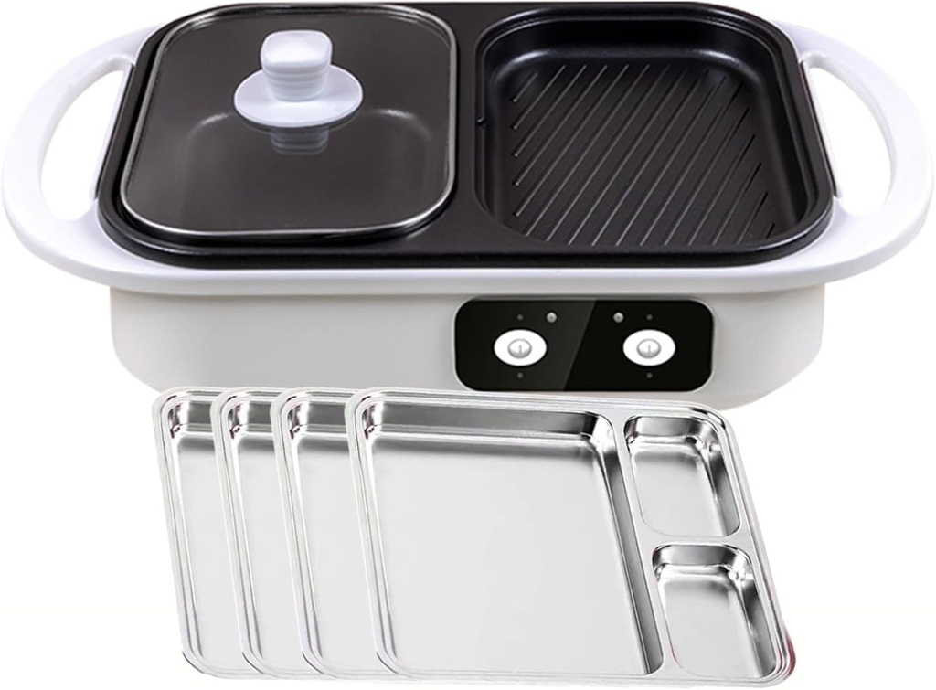 Electric Grill And Hotpot With Divider, Griddle Hotpot BBQ Pot With 4 Sauce Plates, Food Barbecue Grill With Temperature Zone Control, One Pan For Many Purposes,White