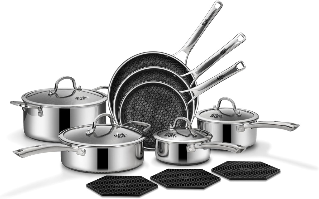 Pots and Pans Set Non Stick, 14 Pcs Hybrid Stainless Steel Cookware Sets, Non Stick Frying Pans, Saucepans, Saute Pan & Stock Pot, PFOA Free Kitchen Skillet,Induction Compatible