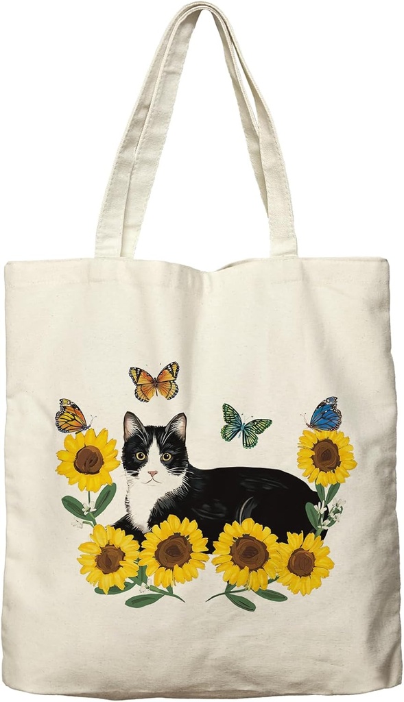 Dlzdn Cat Sunflower Canvas Tote Bag For Women Aesthetic Funny Tuxedo Cat Butterfly Tote Bag Shopping Grocery Bag Beach Bag Gifts for Women Teacher Bag Reusable Grocery Bag