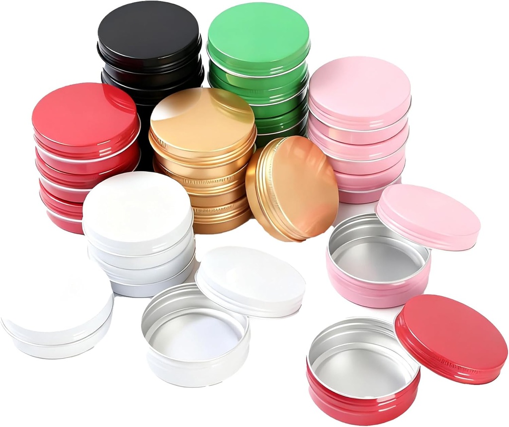 LJY 24 Pieces Multi-Colored Round Aluminum Cans Screw Lid Metal Tins Jars Empty Slip Slide Containers(2 oz) for Lotion Bars,Toiletries,Creams,Samples,Makeup Cosmetic,Spices,Salve,Balms,Beard Balm