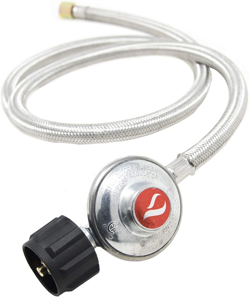 GasOne Propane Regulator 5 Feet Steel Hose with for Most LP Gas Grill, Heater and Fire Pit Table, 3/8" Female Flare Nut