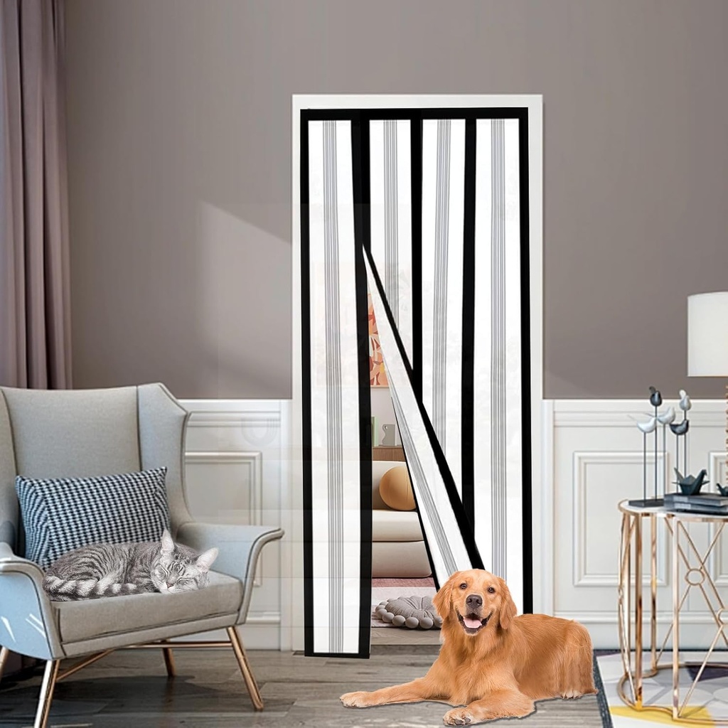 Reversible Left or Right Side Opening Insulated Door Curtain, Keep Cold Out Thermal Magnetic Door Screen Cover Auto Closer for Kitchen, Bedroom, Air Conditioner Room, Fits Doors up to 36" x 82",Black