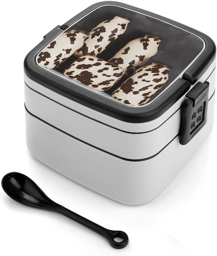 Animal Skin Milk Cow Print Bento Box, Reusable Double Layer Lunch Box with Handle & Dividers, 1000ml Leakproof Lunch Container for Office, Picnic, Travel