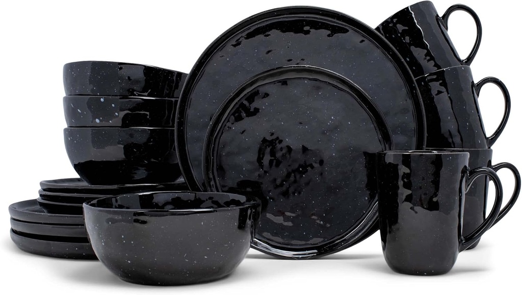 Elanze Designs Shiny Speckled Western Country Style Ceramic Plates Bowls Mugs Dinnerware 16 Piece Set - Service for 4, Black