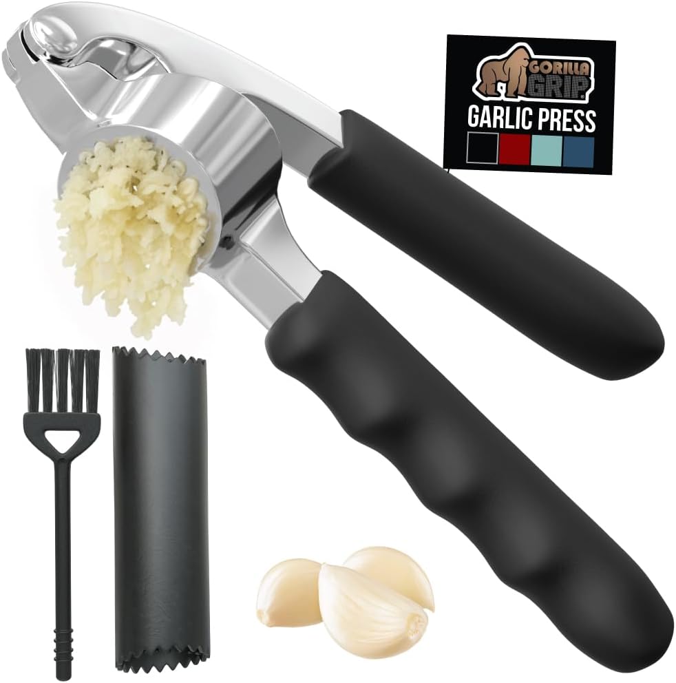 GORILLA GRIP Garlic Press and Peel Set, Heavy Duty Mincer Tool, Easily Mince and Crush Garlics, Ginger, Nuts, Seeds, Large Ergonomic Handle, Peeler Included for Peeling Cloves, Kitchen Gadgets, Black