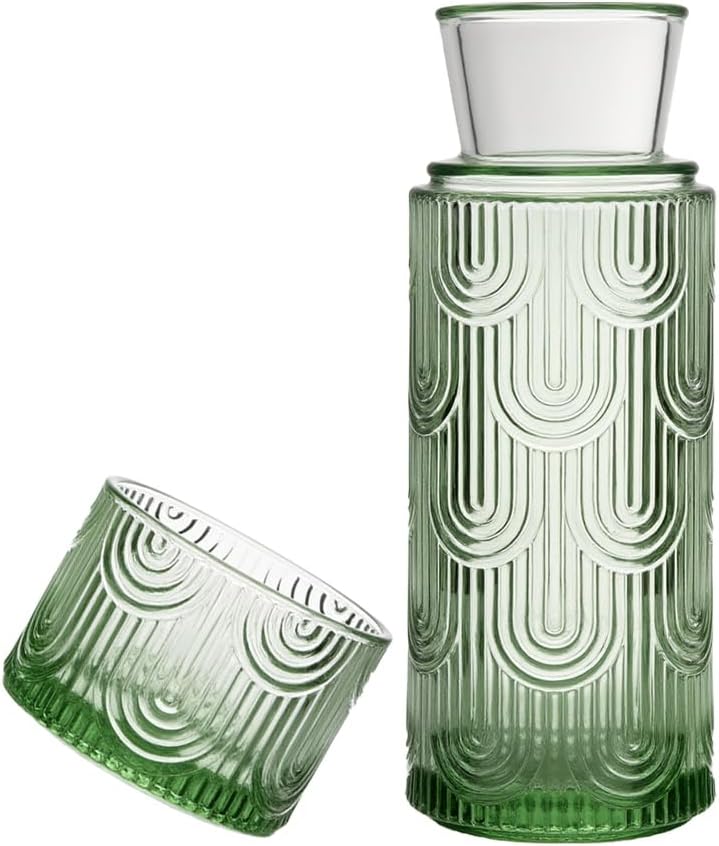 Bedside Water Carafe and Glass Set with Cup Lid, Mouthwash Dispenser – 21.6 Oz Cup and Bottle with 6 Oz Tumbler, Beverage Serveware Carafe for Water, Iced Tea, Juice, Beverage (Green)