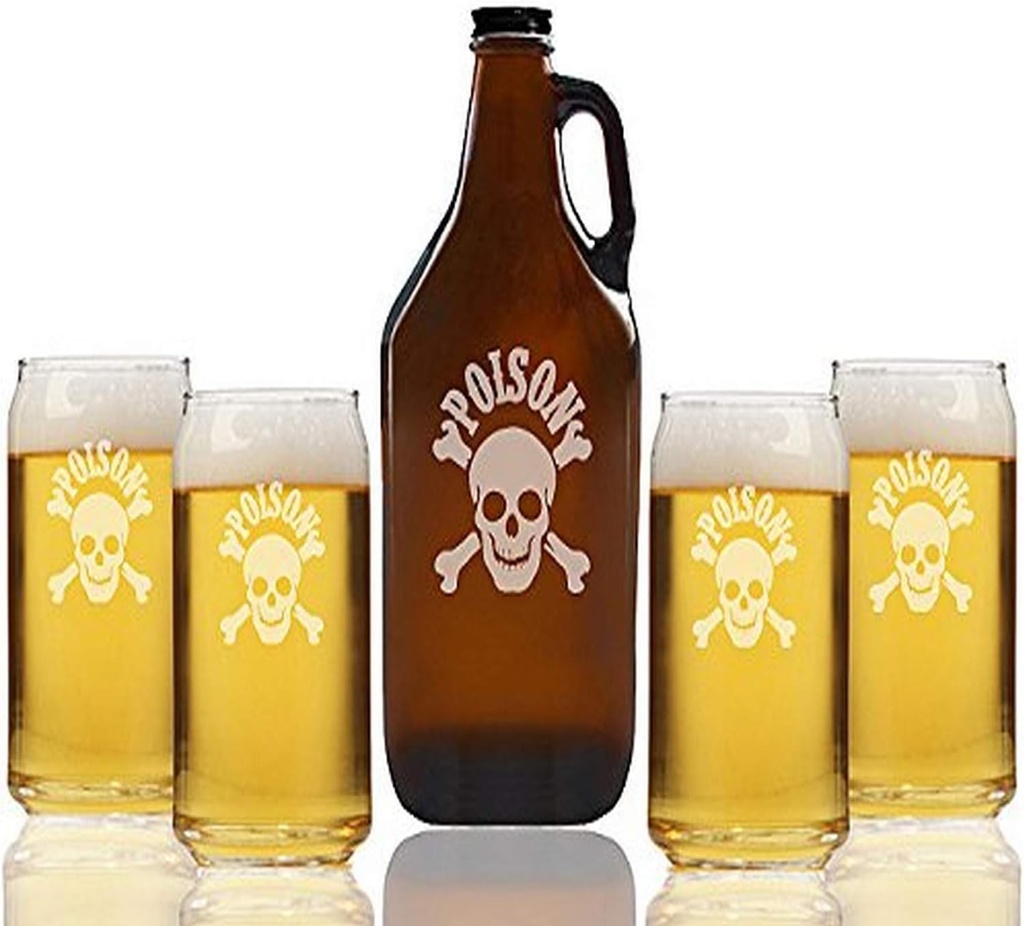 "Skull Poison" Beer Amber Growler & Can Glasses, Set of 5