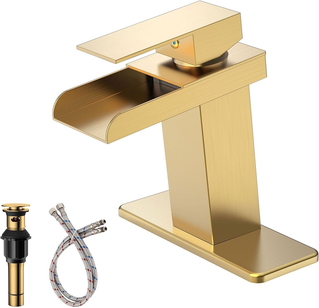 Gold Bathroom Faucet Waterfall Single Hole Sink Brushed Gold Single Handle with Pop Up Drain with Overflow Vanity Lavatory Mixer Tap Modern Deck Mount