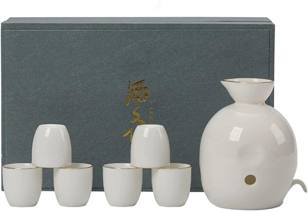 7 Pieces Sake Set, Chinese Retro High-Grade White Jade Ceramics Sake Cup Set, Elegant Design Best Gift for Family and Friends, with 6 Sake Cups, 1 Sake Pot Cups