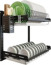 junyuan Kitchen Dish Rack,Hanging Dish Drying Rack Organizer Storage Shelf Over Sink,2 Tier Wall Mount Bowl Holder with Drain Tray and Silverware Stainless Steel Black Coating Ajustable Height