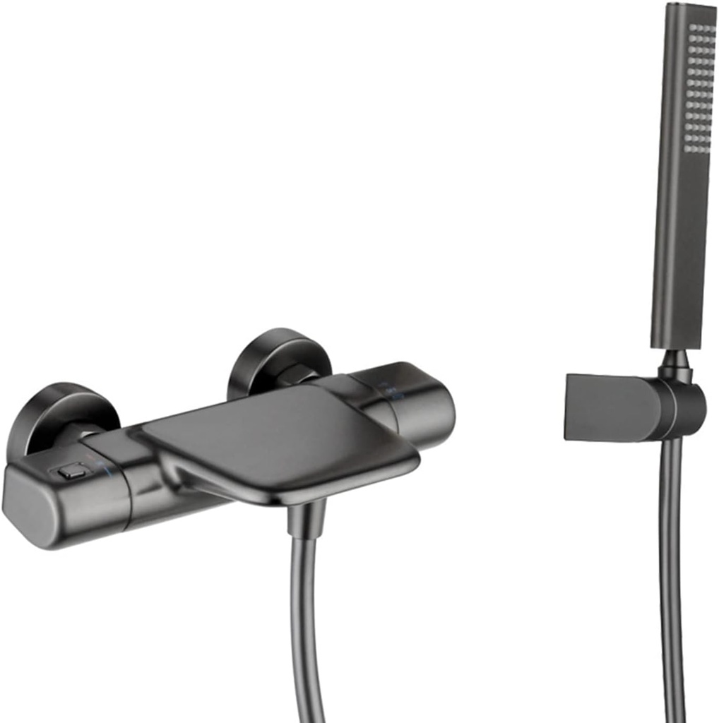 Bathtub Faucet Waterfall Thermostatic Bath Tap Brass Wall Mounted Tub Mixer Tap Thermostatic Tub Filler with Handheld Shower Tub Tap, Gun Gray