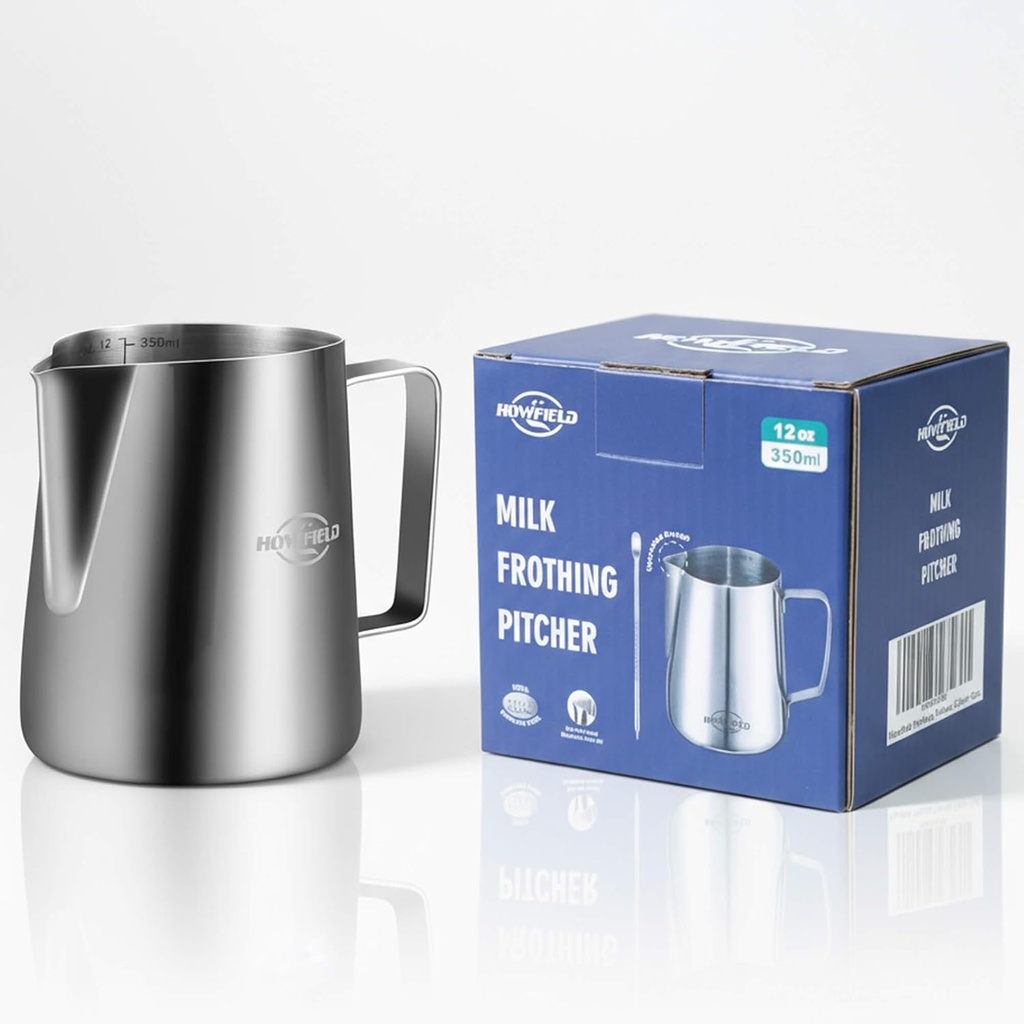 12oz Milk Frothing Pitcher, Stainless Steel with Latte Art Spout & Measurement Markings for Home Baristas, Silver