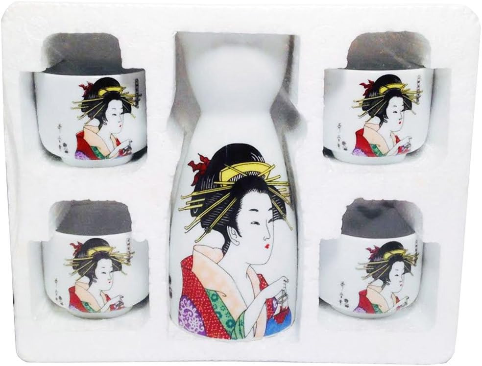 5 Piece Sake Set with Geisha