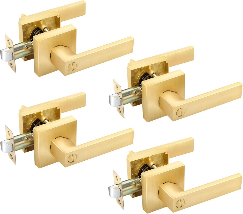 EHOMEWARE 4 Pack Door Knobs Interior Handle Set in Satin Brass Finish, Privacy Bedroom Bathroom Door Lever Set Without Keys, Gold Door Handles