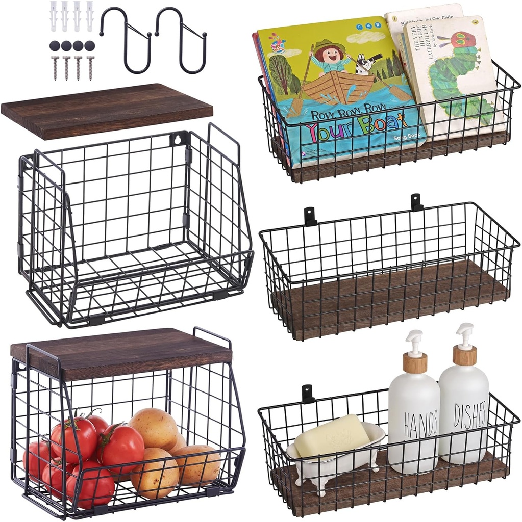 5 Pack Wall Storage Hanging Baskets - Large Wall Basket Storage Organization for Bathroom Bedroom Dorm Office, Open Organizing Box Utility Containers for Kitchen Closet Cabinet Shelf Garage Craft