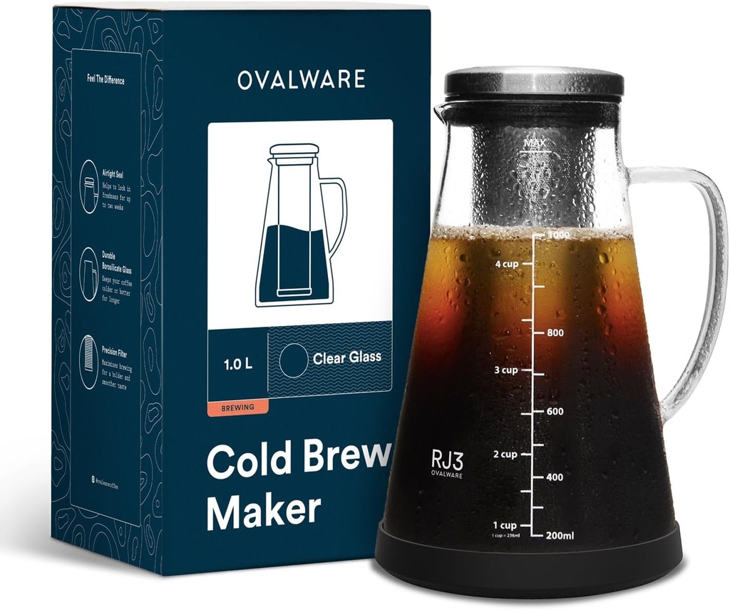 OVALWARE Airtight Cold Brew Iced Coffee Maker Pitcher and Tea Infuser with Spout - 1.0L / 34oz Ovalware RJ3 Brewing Glass Carafe with Removable Stainless Steel Filter