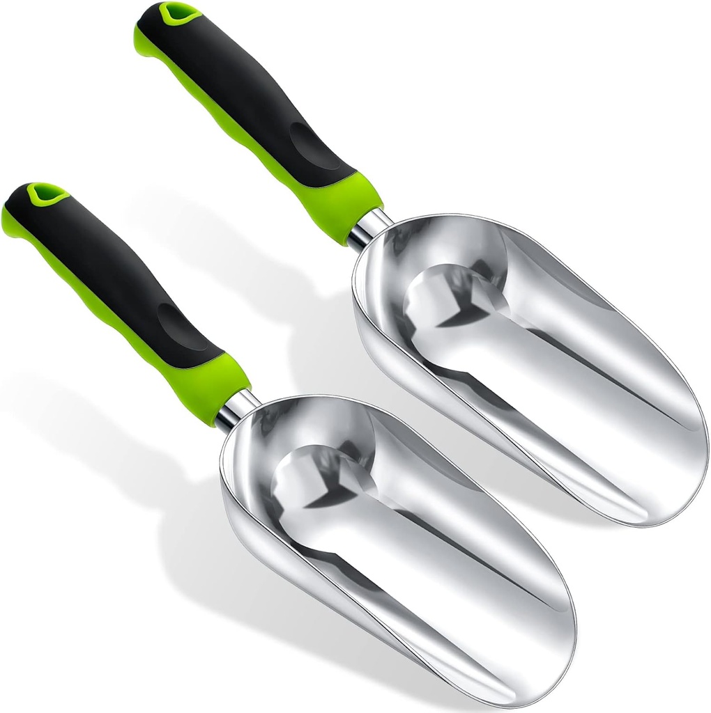 2 Pcs Soil Scoop 13.39 x 3.82 Inch Aluminum Transplanter Trowel Bend Proof Garden Tools Large Heavy Duty Hand Shovel with Comfort Soft Non Slip Grip Handle Garden Gifts for Digging Fertilizer (Green)