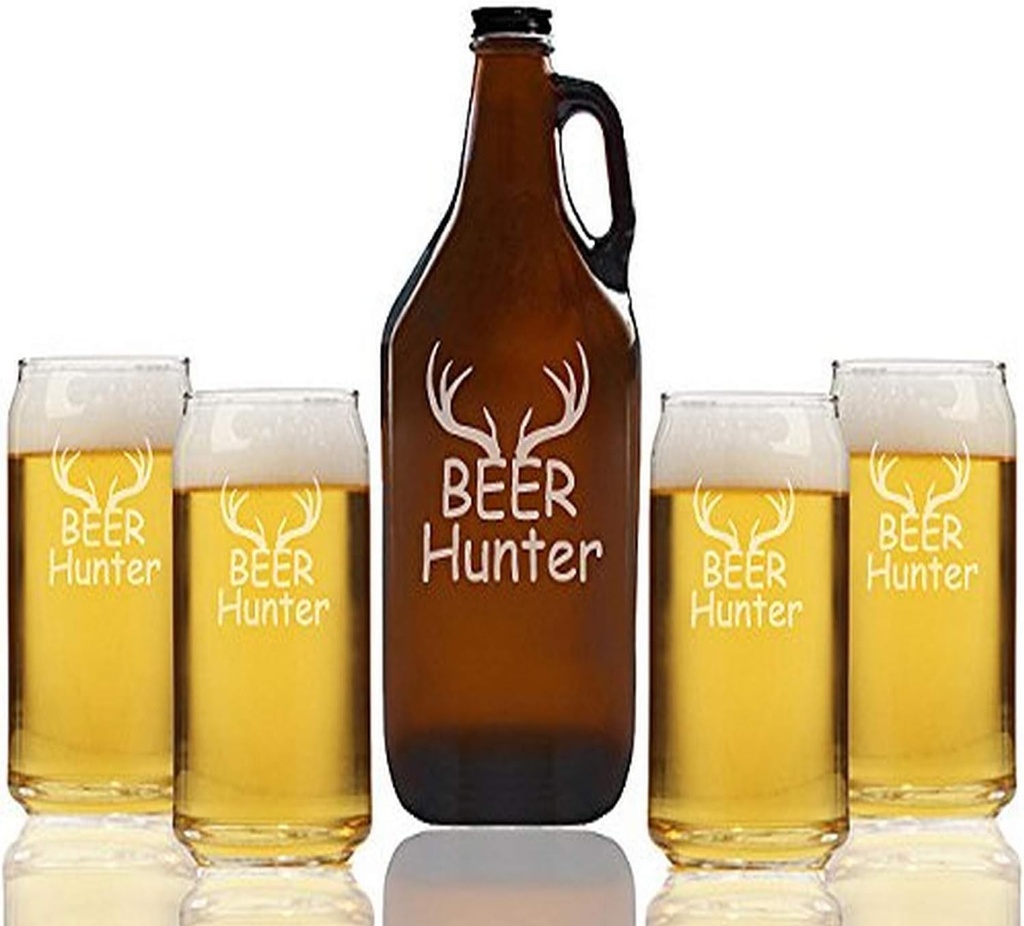 "Beer Hunter" Beer Amber Growler & Can Glasses, Set of 5