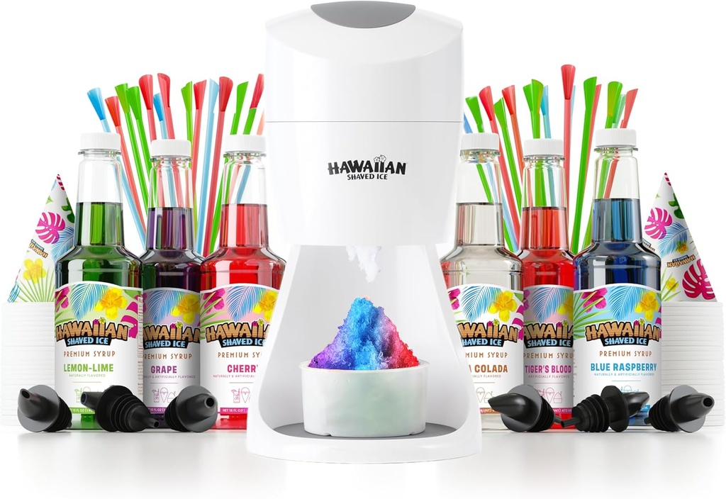 Hawaiian Shaved Ice S900A Made in USA Professional Fluffy Ice & Snow Cone Machine for Home Use - Complete Party Kit with Flavor Syrups