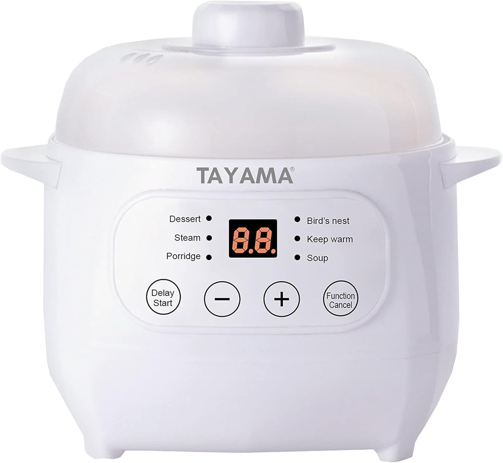 TAYAMA 1 Qt. White Mini Ceramic Stew Cooker with Pre-Settings and Built-In Timer, Small