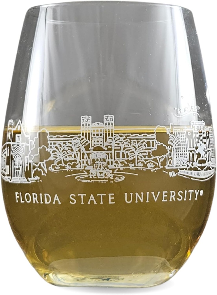Florida State University 12 oz Stemless Wine Glass Barware - Unique Skyline Artwork Screened with FSU Campus Landmarks - Great Holiday or Graduation Idea - Cocktails, Red or White Wine