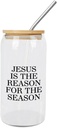 Quotes Glass Cups with Bamboo Lids And Straw 16 Oz, Jesus Is The Reason For The Season Iced Tea Glasses Drinking Glasses Set Tumbler Glass Can Coffee Cups, Drinking Glassware