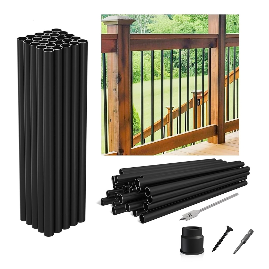 26"-50Pack Aluminum Deck Balusters Hollow Round Deck Railing Spindles Matte Coated Black for Wood and Composite Deck Indoor Outdoor