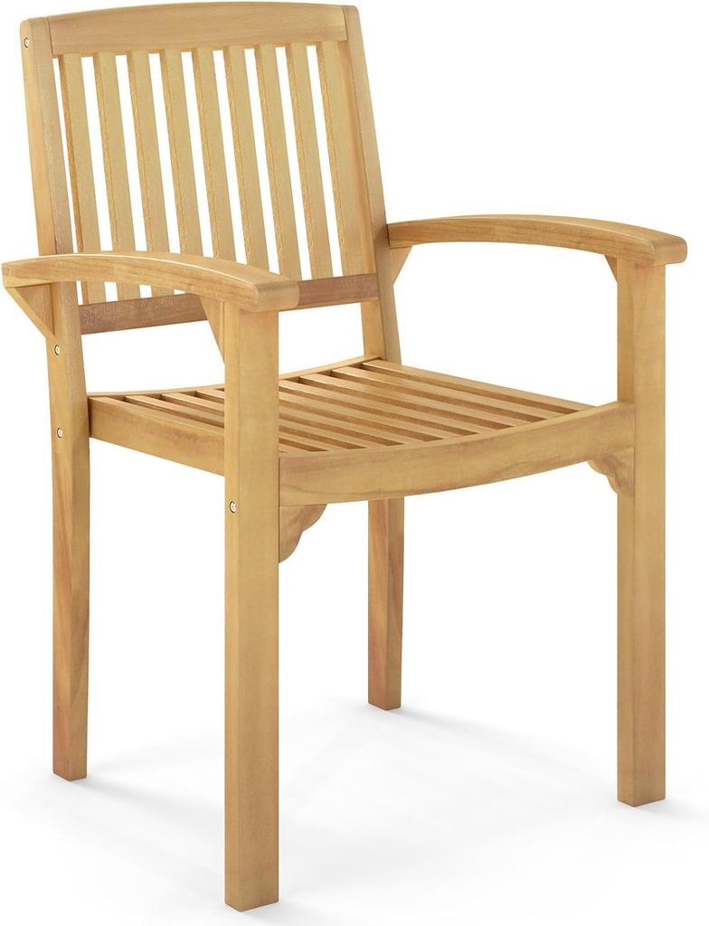 Tangkula Outdoor Patio Wood Dining Chair, Teak Wood Armchair with Slatted Seat & Curved Seat, Ergonomic Armrests, Solid Wooden Legs, for Balcony, Poolside, Porch, Yard (1)