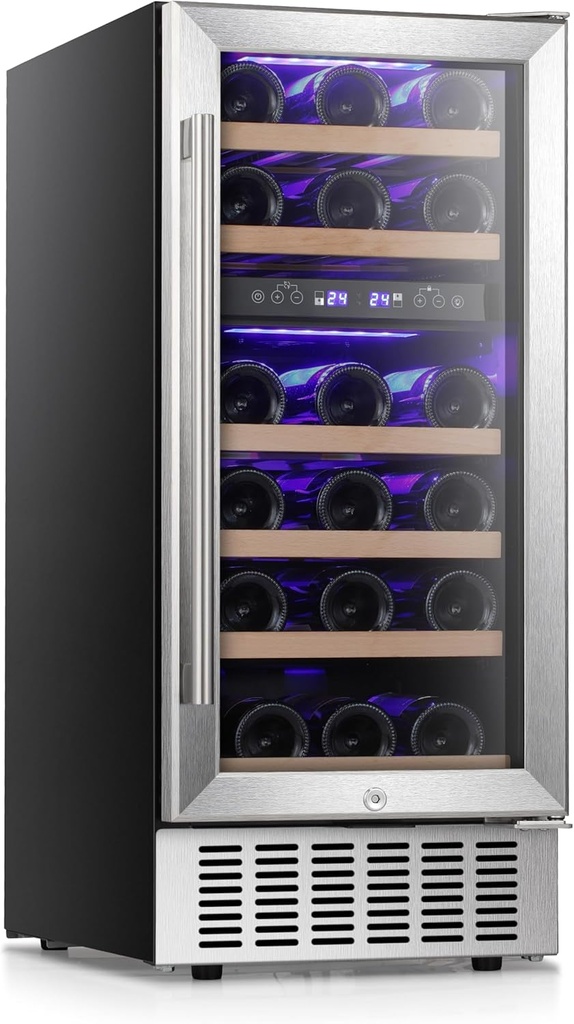 Antarctic Star Mini Fridge 15" Wine Cooler Under Counter Beverage Refrigerator Beer Wine Fridge 28 Bottles Dual Zone Built-in Freestanding Stainless Steel Double-Layer Tempered Glass Door chiller