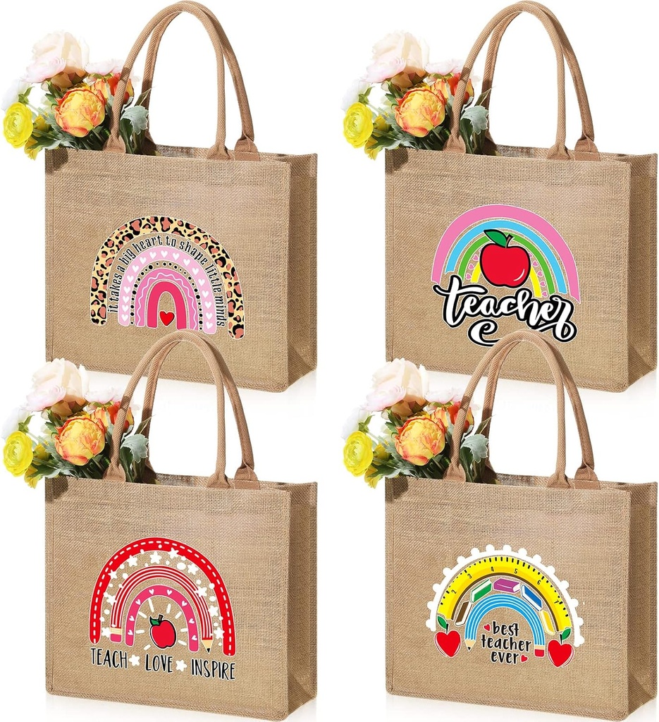 Silkfly 4 Pcs Teacher Appreciation Gift Jute Teacher Tote Bag Rainbow Teacher Gift for Women Christmas Graduation Retirement
