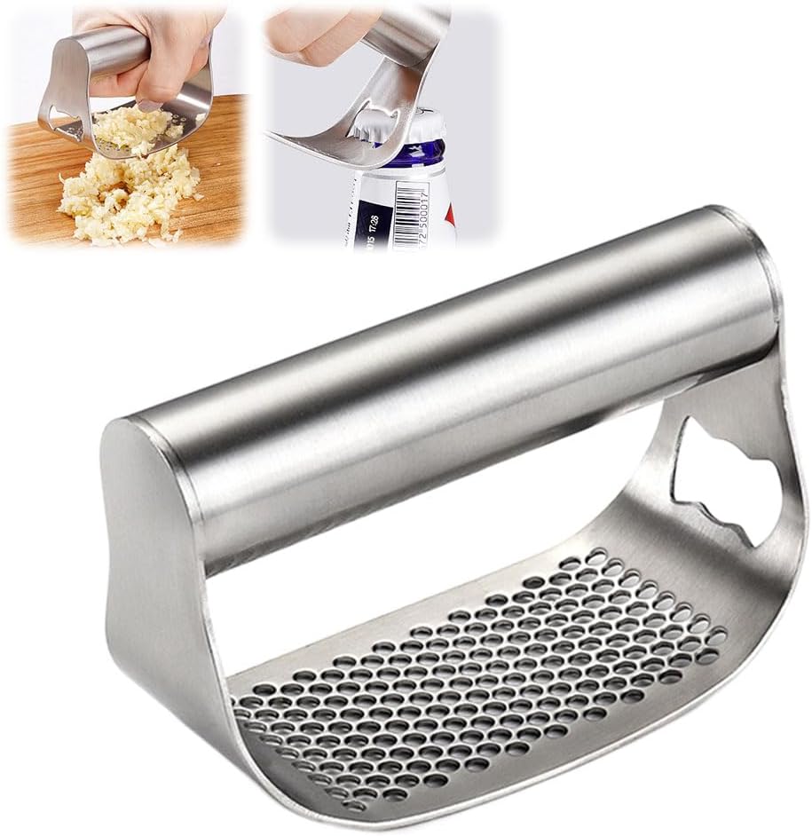 Garlic Press Garlic Presser,2025 Stainless Steel Garlic Presser Bottle Opener Mincer Crusher with Peeler and Cleaning Brush,Multifunctional Kitchen Gadget Garlic Mincer for Woman (A/1Pack)