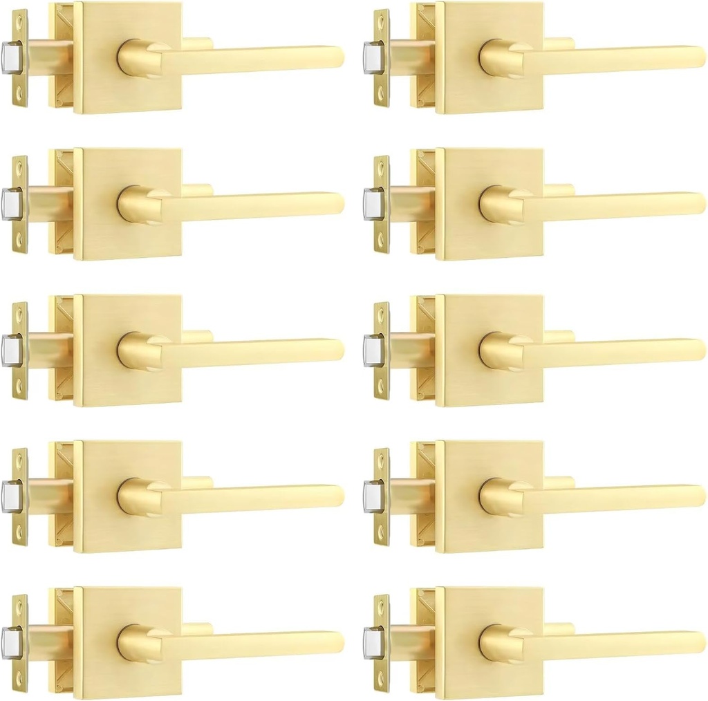 Leydebong 10 Pack Passage Door Levers Square Morden Style Handles Keyless Lock, Keyless Non-Locking Lever, Satin Brass Finish