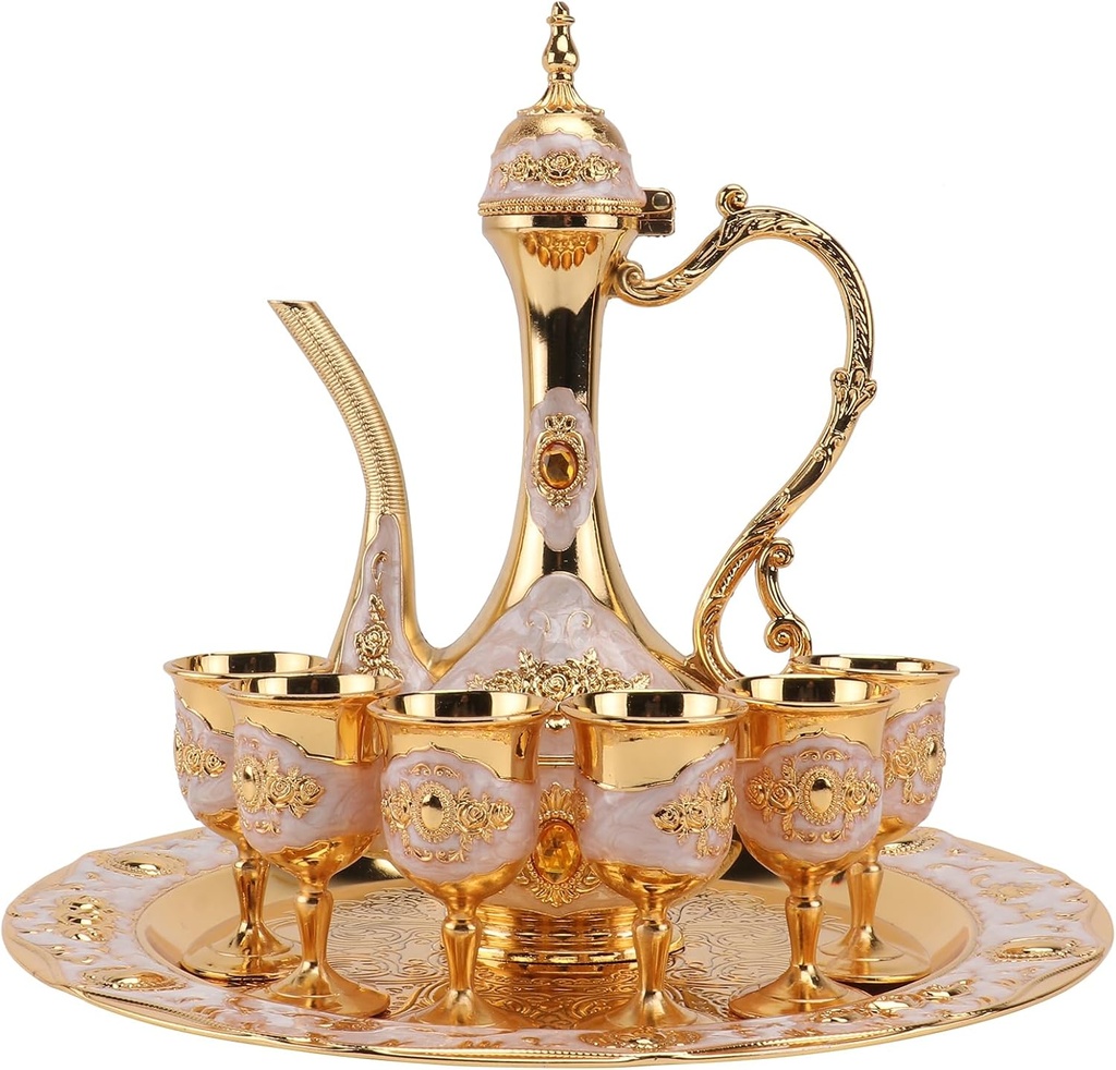 PRETYZOOM Small Decorative Wine Decanter Set with Tray - Golden Metal Wine Cups and Pot for Wedding Presents and Bridal Shower Decor - 9.05 X 5.31 X 3.93 Inch