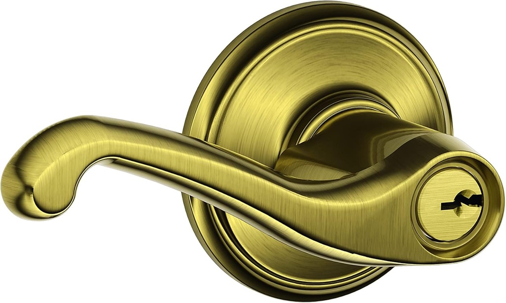 SCHLAGE F51A FLA 609 Flair Lever Keyed Entry Lock, Antique Brass