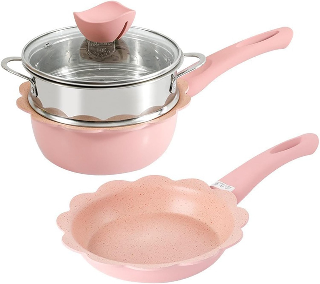 Milk Soup Pot, Non Stick Multifunctional Frying Pan, Saucepan Set, Sauce Pan with Lid Steaming Basket Food Steamer Steamer Pot Nonstick Small Sauce Pan Milk Soup Pan for Home Kitchen Restaurant,Pink