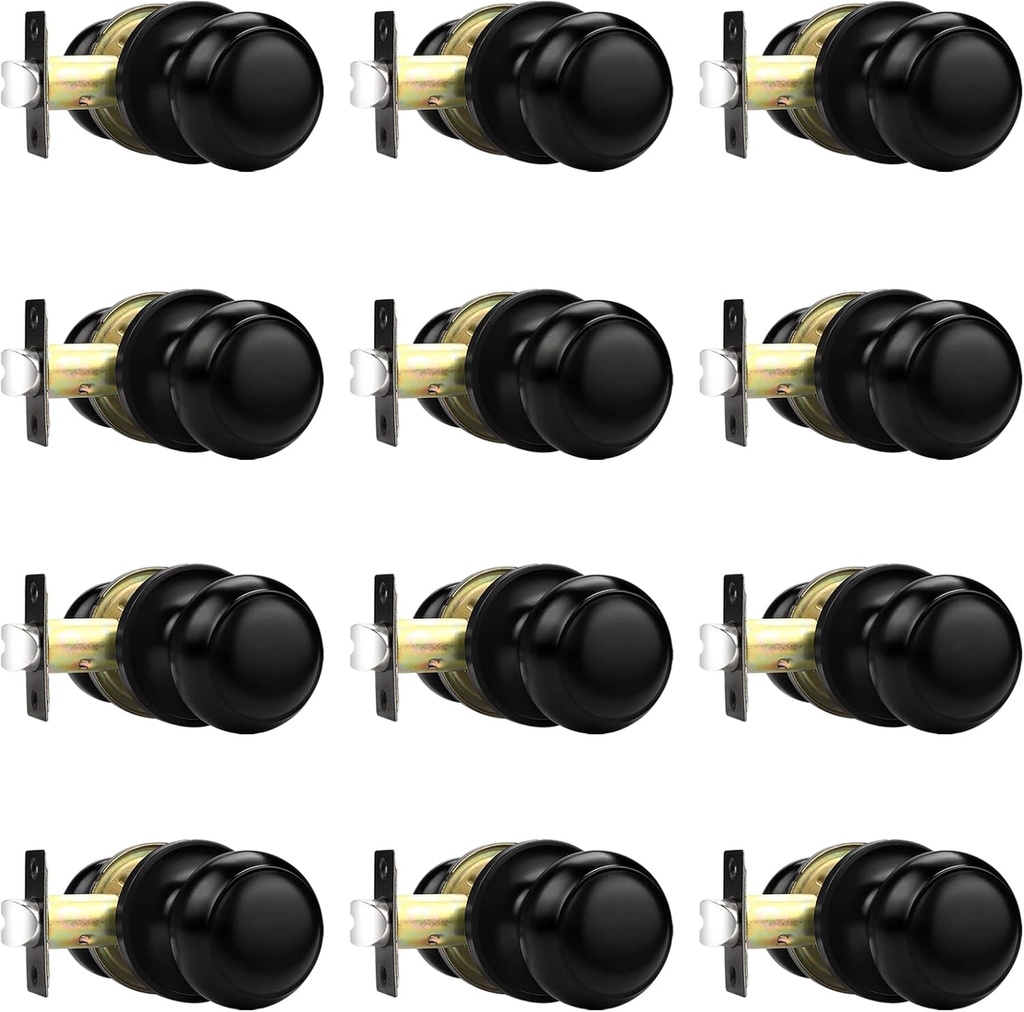 Probrico Closet Door Knobs in Matte Black Interior Doorknobs for Hallway Indoor, No Lokcing Door Handles with Round Knob, Universal Right/Left Handed Door Use, 12 Pack