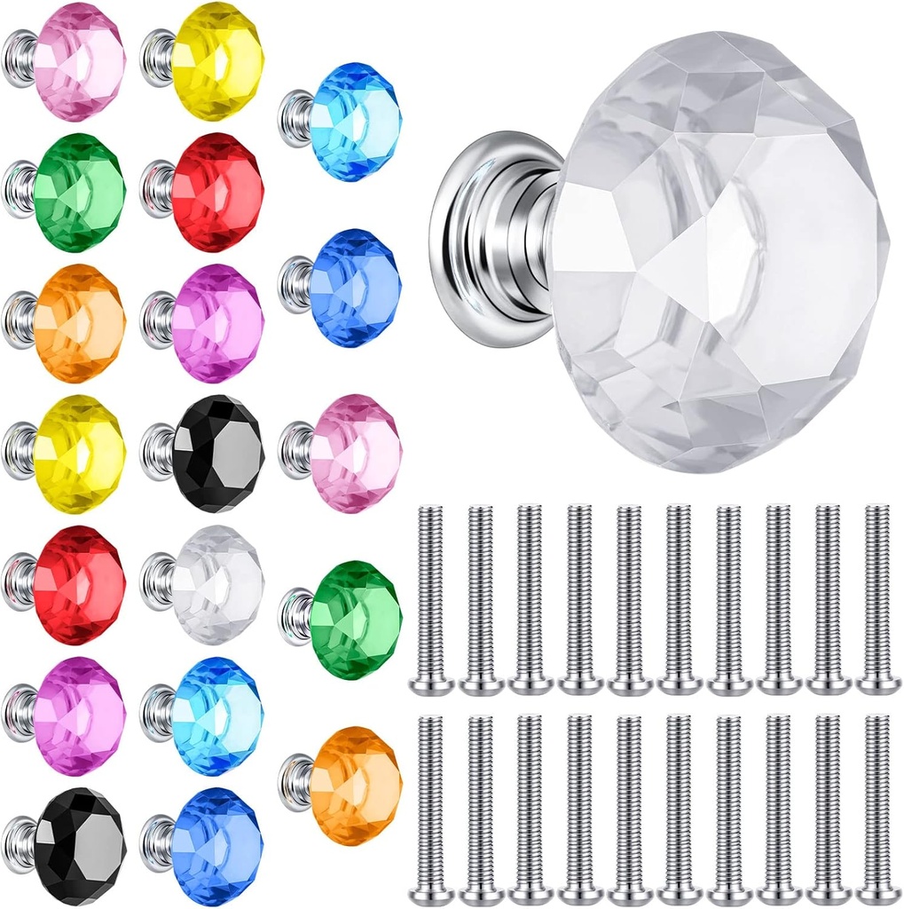 Qunclay 20 Pieces Crystal Cabinet Knobs 30 mm Drawer Pulls Colorful Dresser Knobs Crystal Diamond Shape Dresser Handles for Furniture Office Kitchen Bathroom(Mixed Colors)
