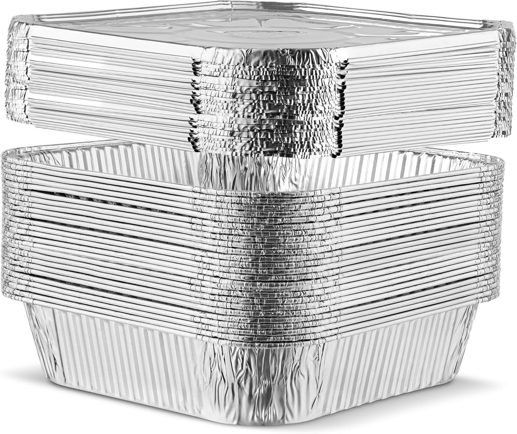 PLASTICPRO 5 Pack 8 Inch Square Aluminum Pans with Lids Disposable Tin Foil Pans Baking Pans Food Storage