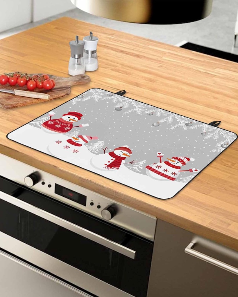 Christmas Countertop Burners Protection Mats for Kitchen, Snowman Snowflakes Christmas Tree Gray Rubber Stove Top Cover Mat, Heat Proof Mats Cooktop Cover for Counter Dish Drying Mat, 31"x24"