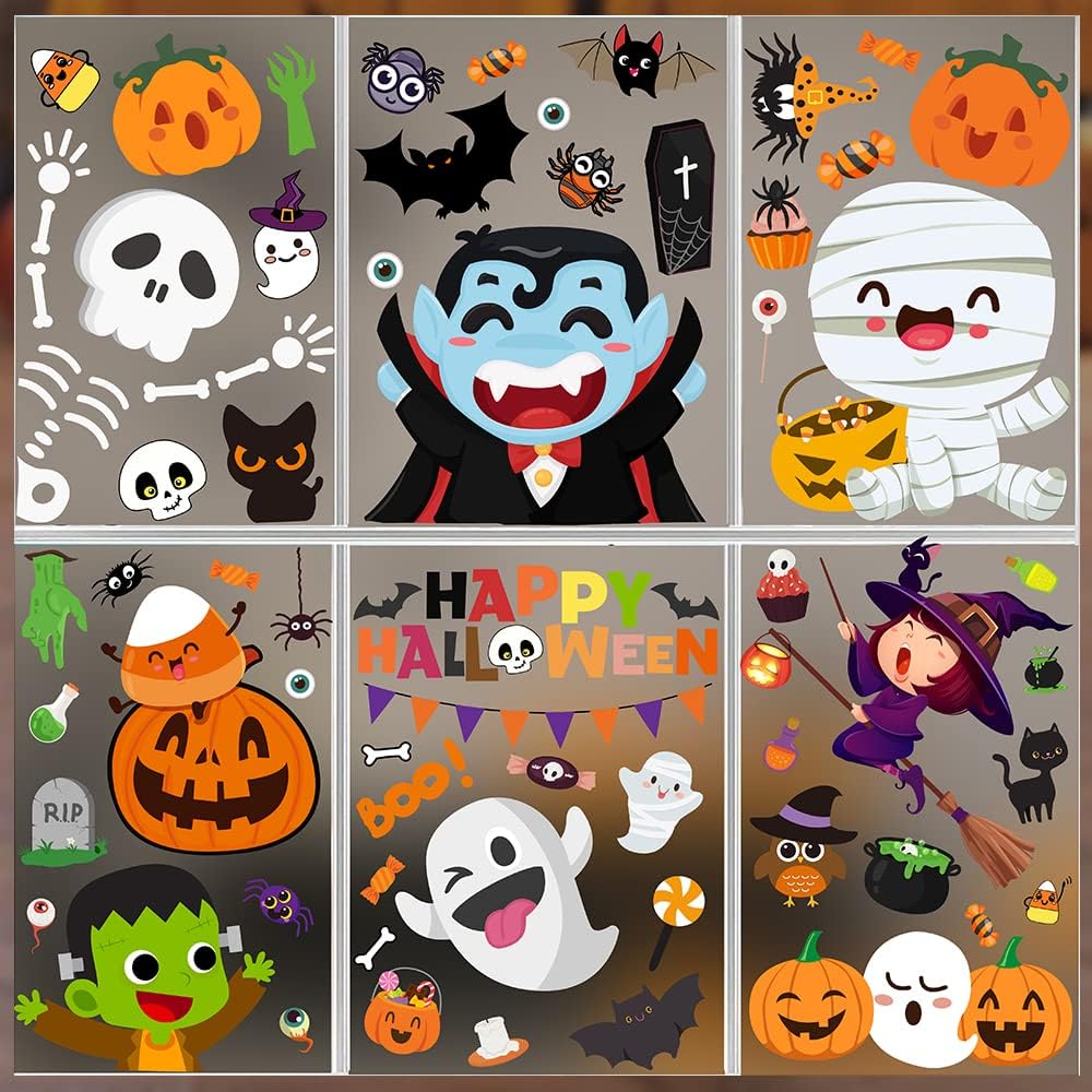 6 Sheet Window Clings - Cute Halloween Stickers and Decals for Kids - Indoor Window Decorations