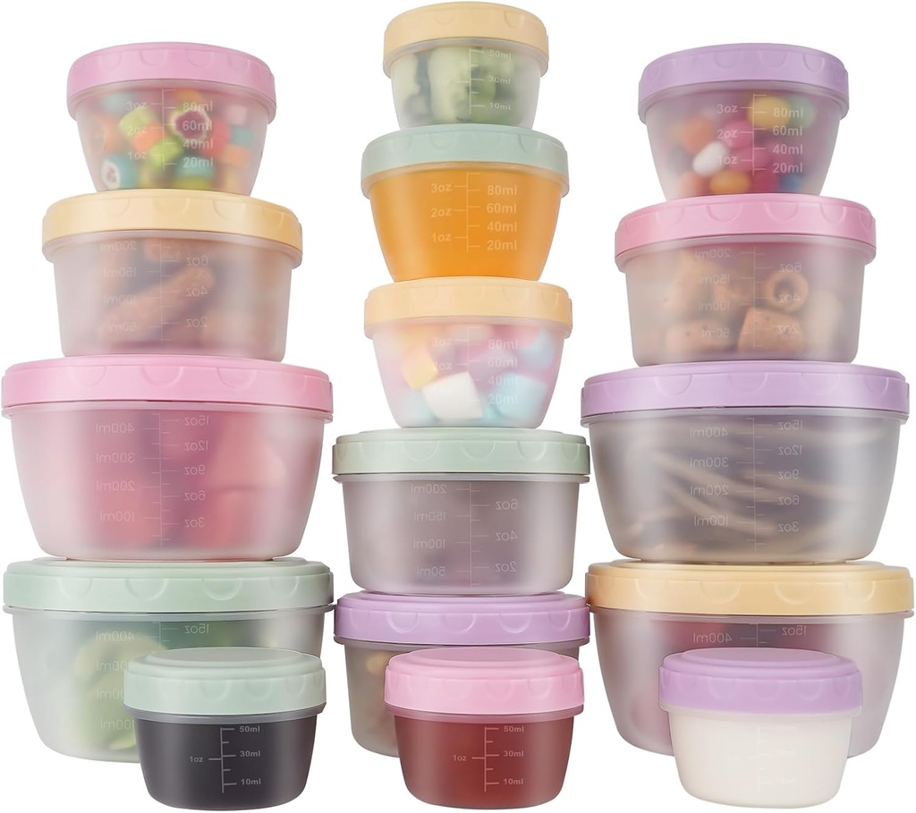 16 Piece Food Storage Containers with Lids (1Oz-45Oz), Leakproof BPA-Free Bowls Set with Pastel Color Lids for Soup, Snacks, Condiment, Salad Dressing & Sauce, Space Saving Nesting Design​